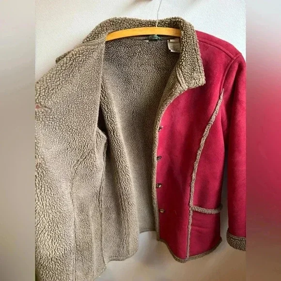 L.L. Bean Faux Suede Sherpa Lined Shearling Coat long line women’s large - Picture 3 of 6